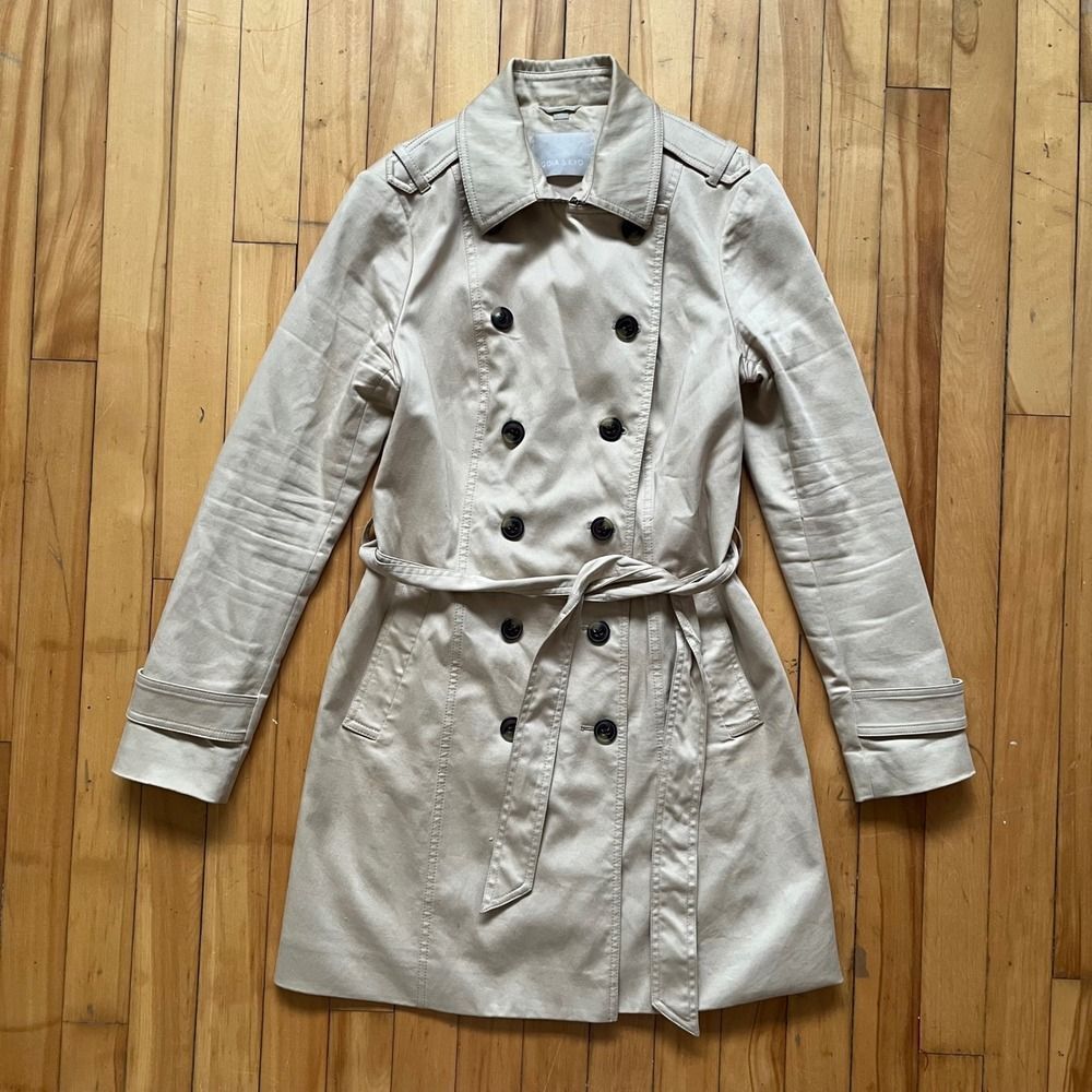 SOIA & KYO Womens Medium Beige Double Breasted Trench Coat Belted Quilted Collar